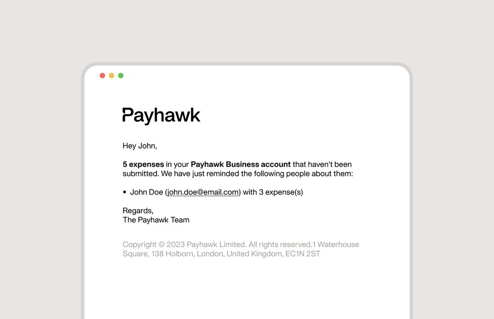 lembretes de apresentação de despesas - uma captura de ecrã do e-mail de gestão de despesas Payhawk enviado ao gestor